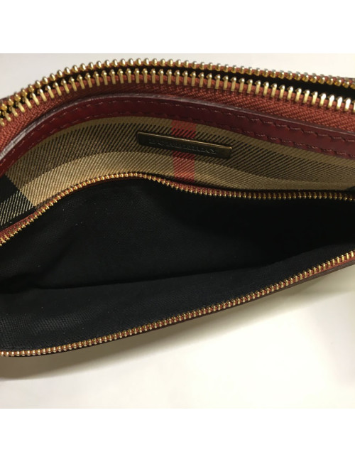 Pochette BURBERRY Haymarket Check en toile et cuir bordeaux