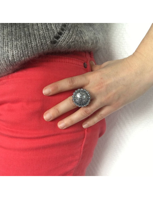 Ring CHANEL couture T51 silver, rhinestone and blue resin