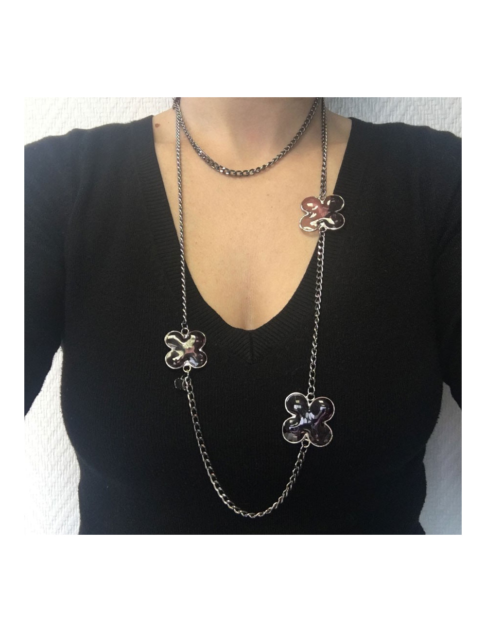 Clover Marguerite of Valois glass Amethyst necklace