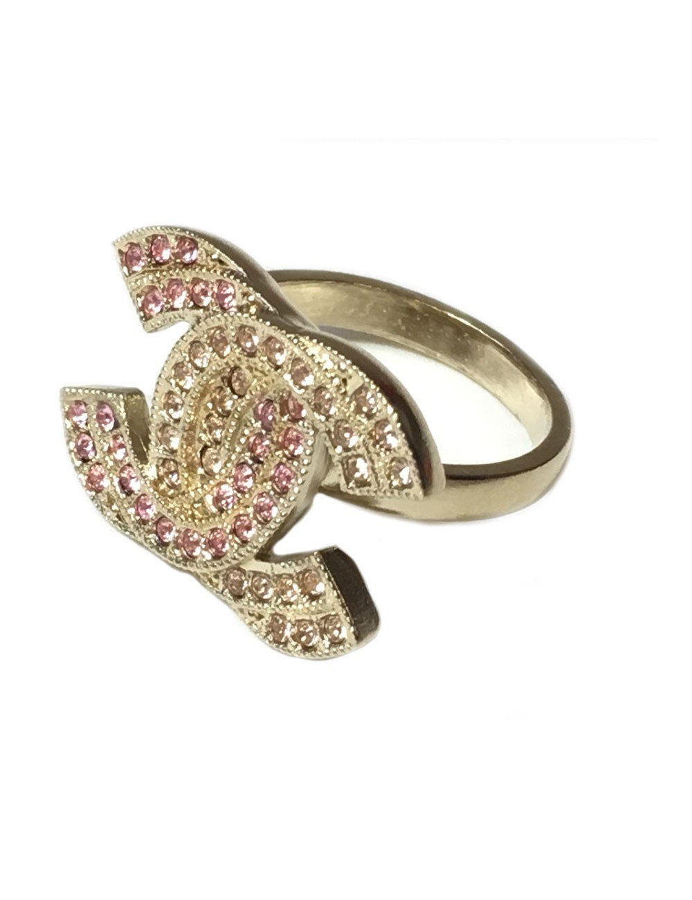 xxx Bague CHANEL dorée strass rose et jaune T52