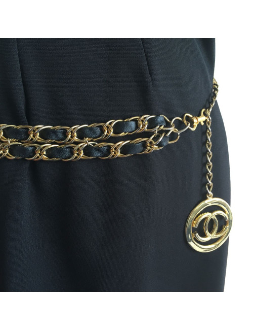 Belt CHANEL Vintage double row chain and leather