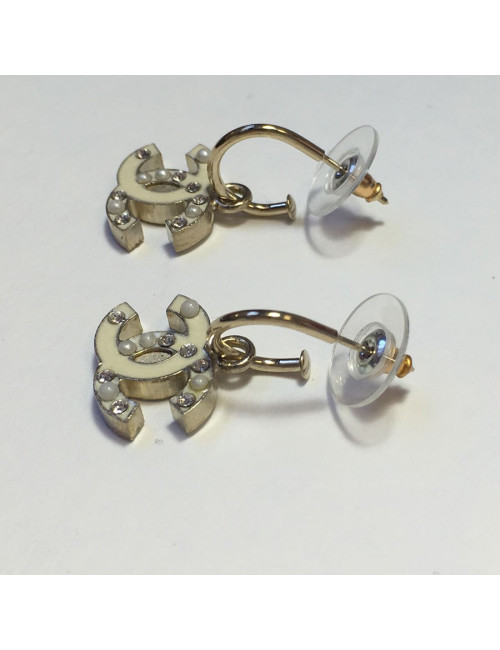 CHANEL 'CC' ecru email Creole ear studs