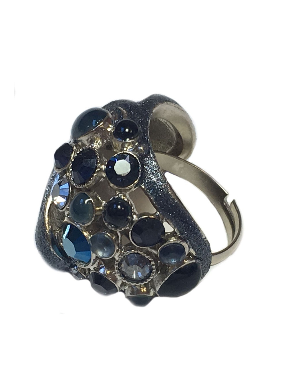 Bague CHANEL haute couture T51 en métal argenté strass et pierres bleues
