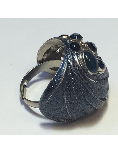 Ring CHANEL couture T51 metal silver rhinestones and blue stones