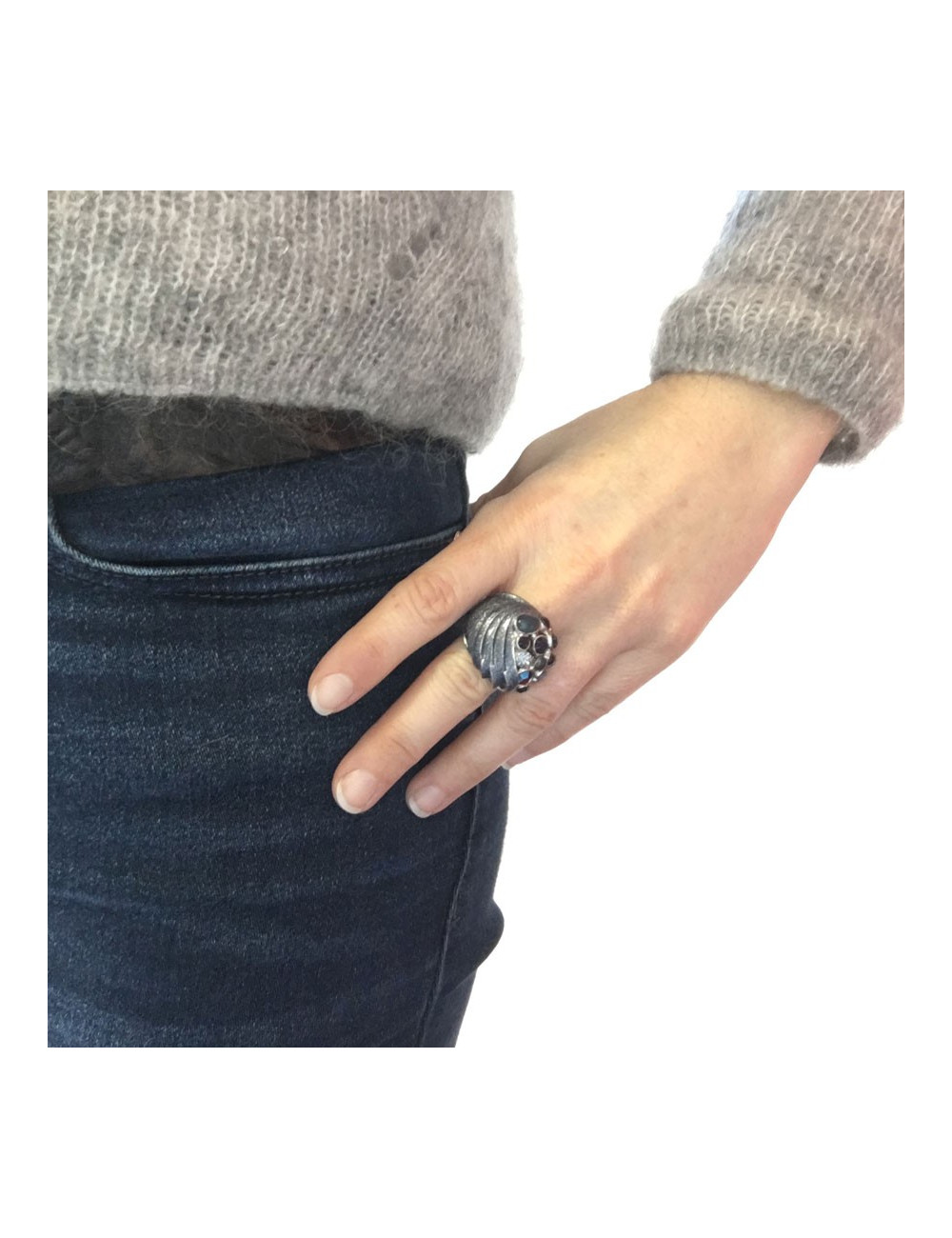 Ring CHANEL couture T51 metal silver rhinestones and blue stones