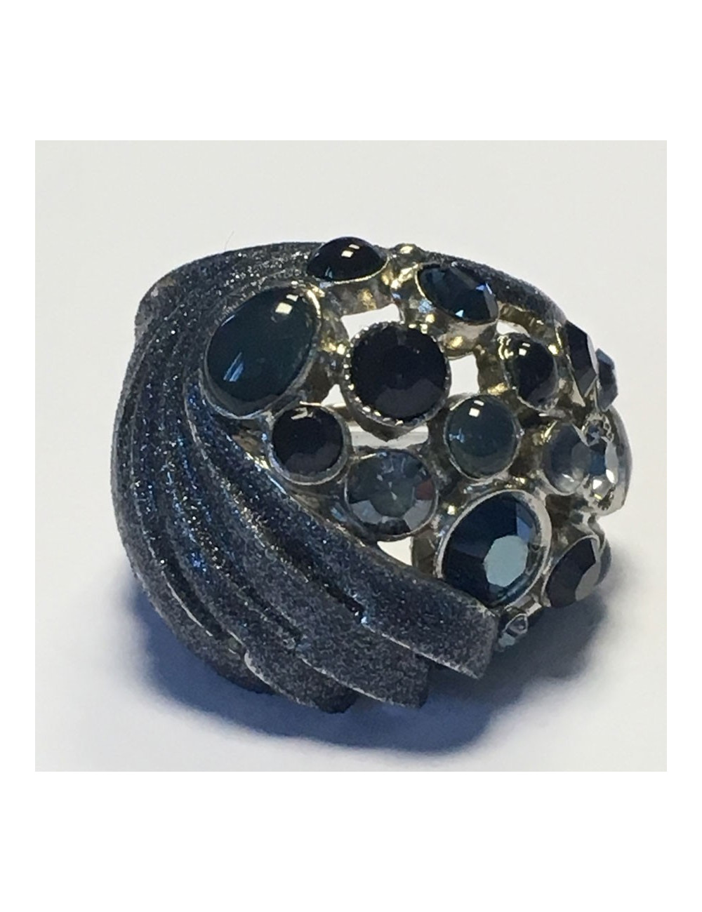 Ring CHANEL couture T51 metal silver rhinestones and blue stones