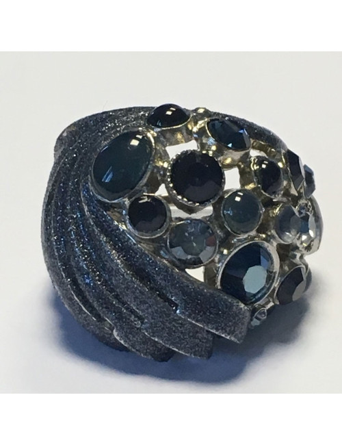 Ring CHANEL couture T51 metal silver rhinestones and blue stones
