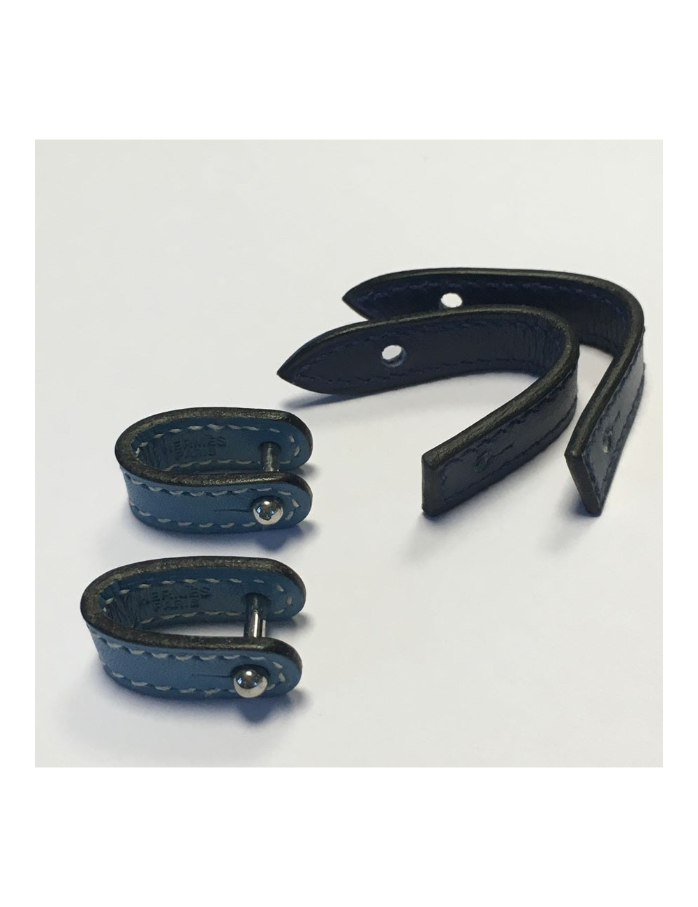 HERMES interchangeable cufflinks in skye blue and dark blue leather