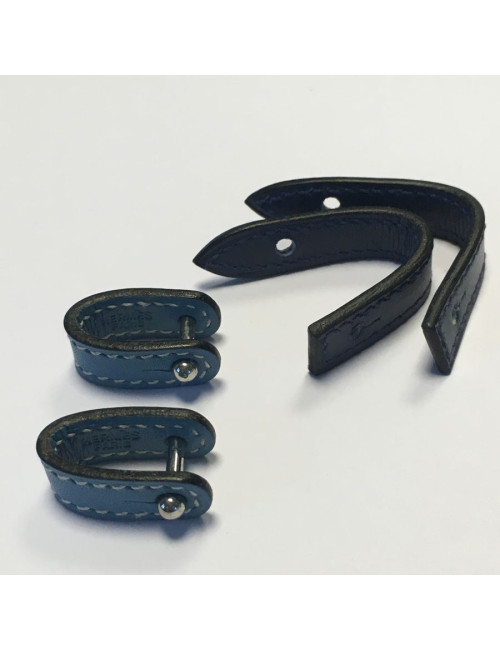 HERMES interchangeable cufflinks in skye blue and dark blue leather