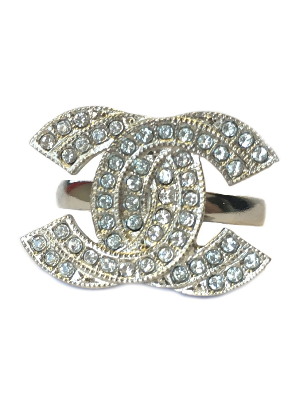 Bague CHANEL CC T55 en métal argenté et strass