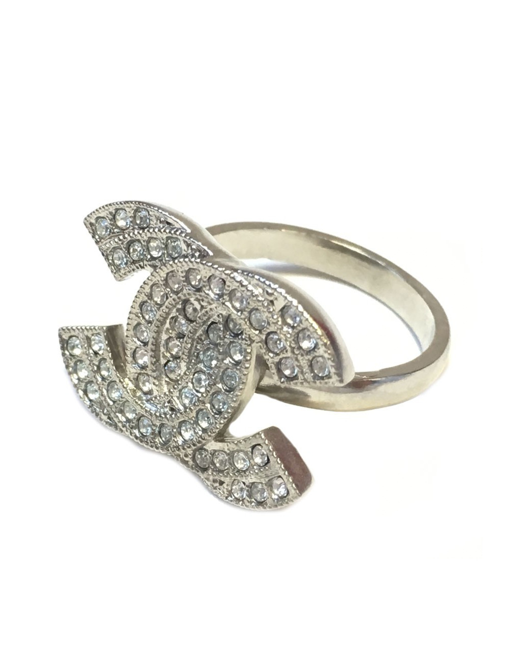 Bague CHANEL CC T55 en métal argenté et strass