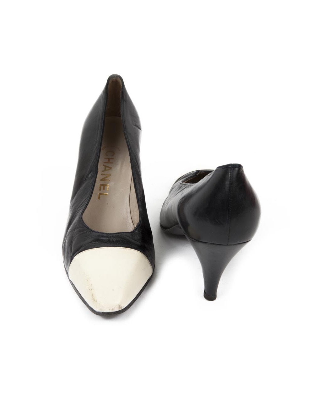 Escarpins CHANEL T 37 cuir bleu marine et écru 