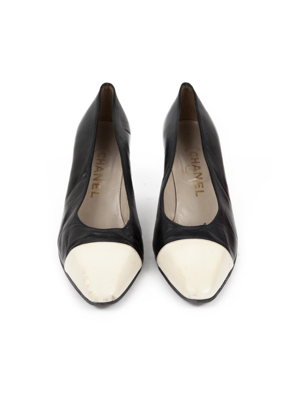 Escarpins CHANEL T 37 cuir bleu marine et écru 