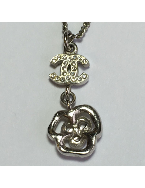 xxx Collier CHANEL en métal argenté et strass