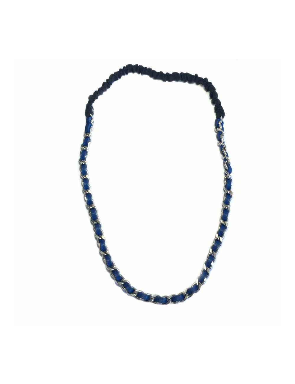 CHANEL headband in silver chain and blue leather