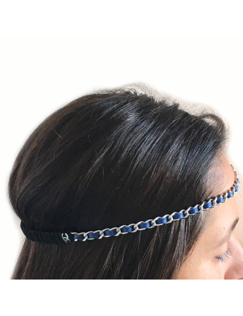 CHANEL headband in silver chain and blue leather