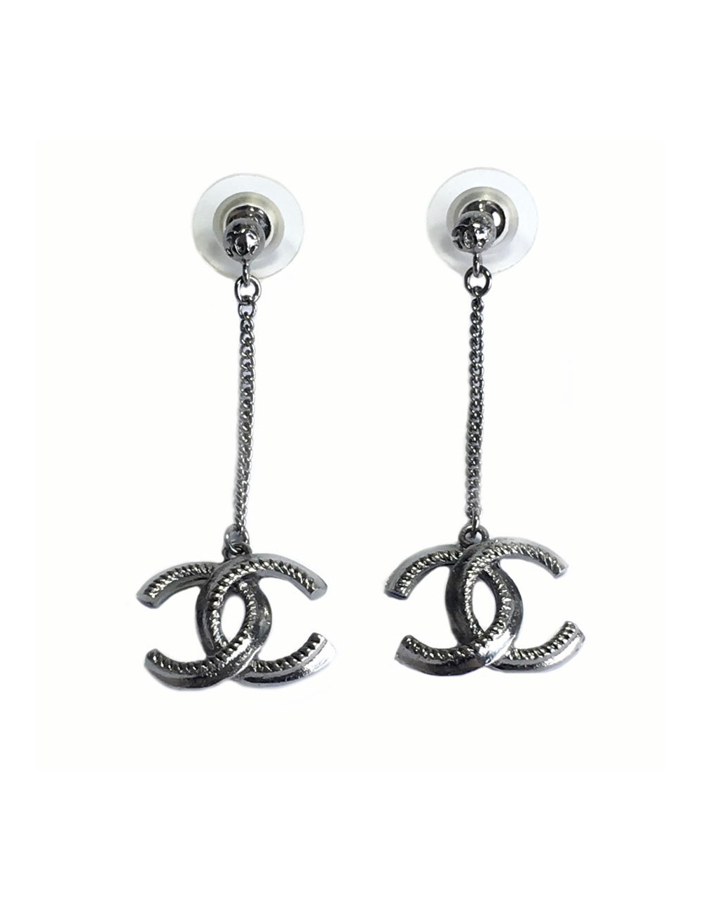 xxx Boucles d'oreille clous pendants CHANEL en métal argenté