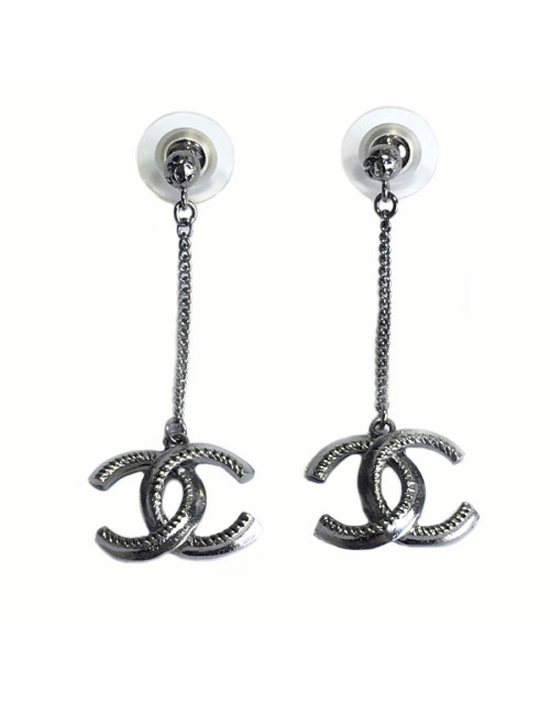 xxx Boucles d'oreille clous pendants CHANEL en métal argenté