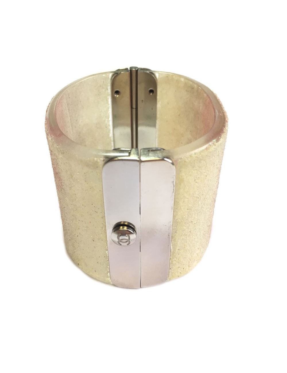Transparent plexi glittery white and pink CHANEL cuff