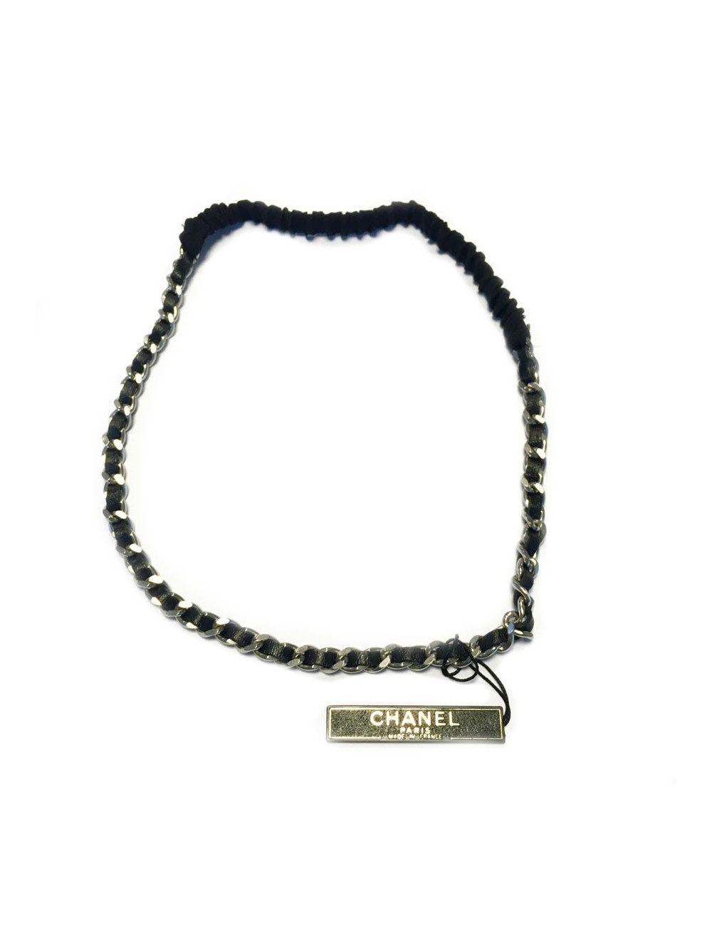 xxx Bijou de tête CHANEL chaîne argentée et cuir noir