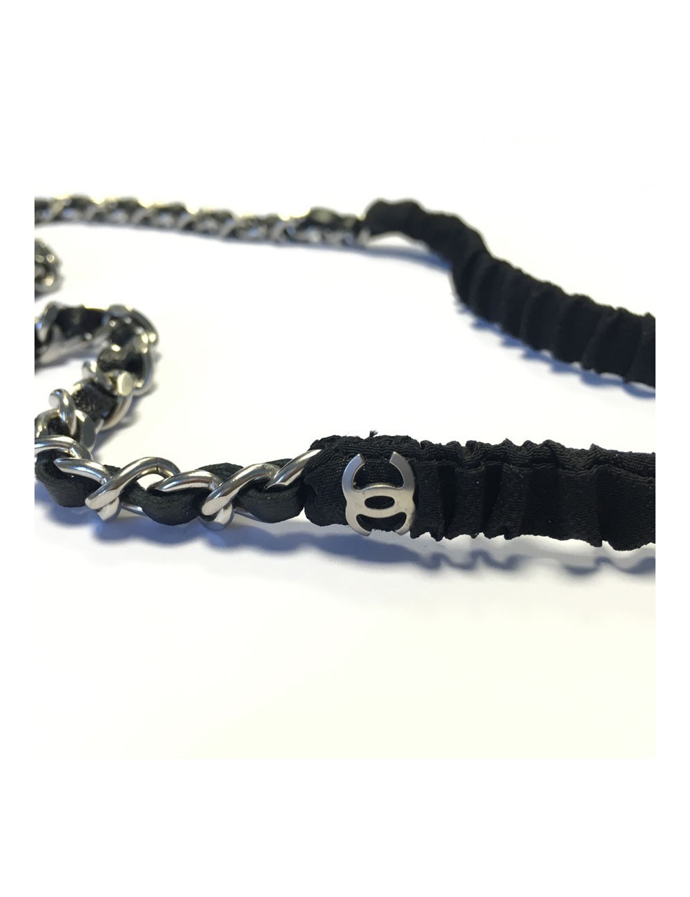 CHANEL black leather and silver chain headband