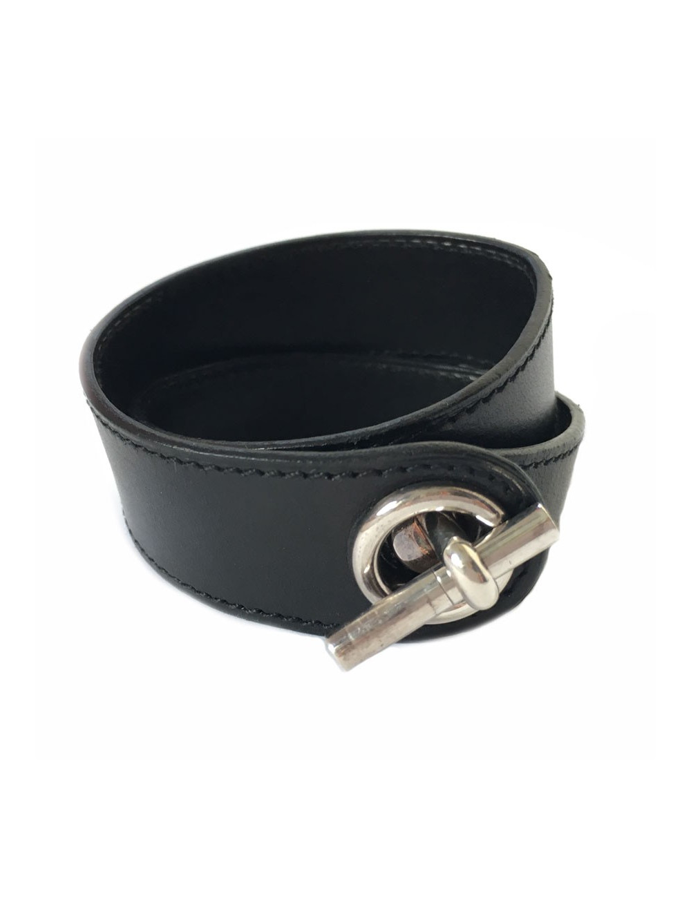 Bracelet HERMES en cuir noir et boucle en argent massif