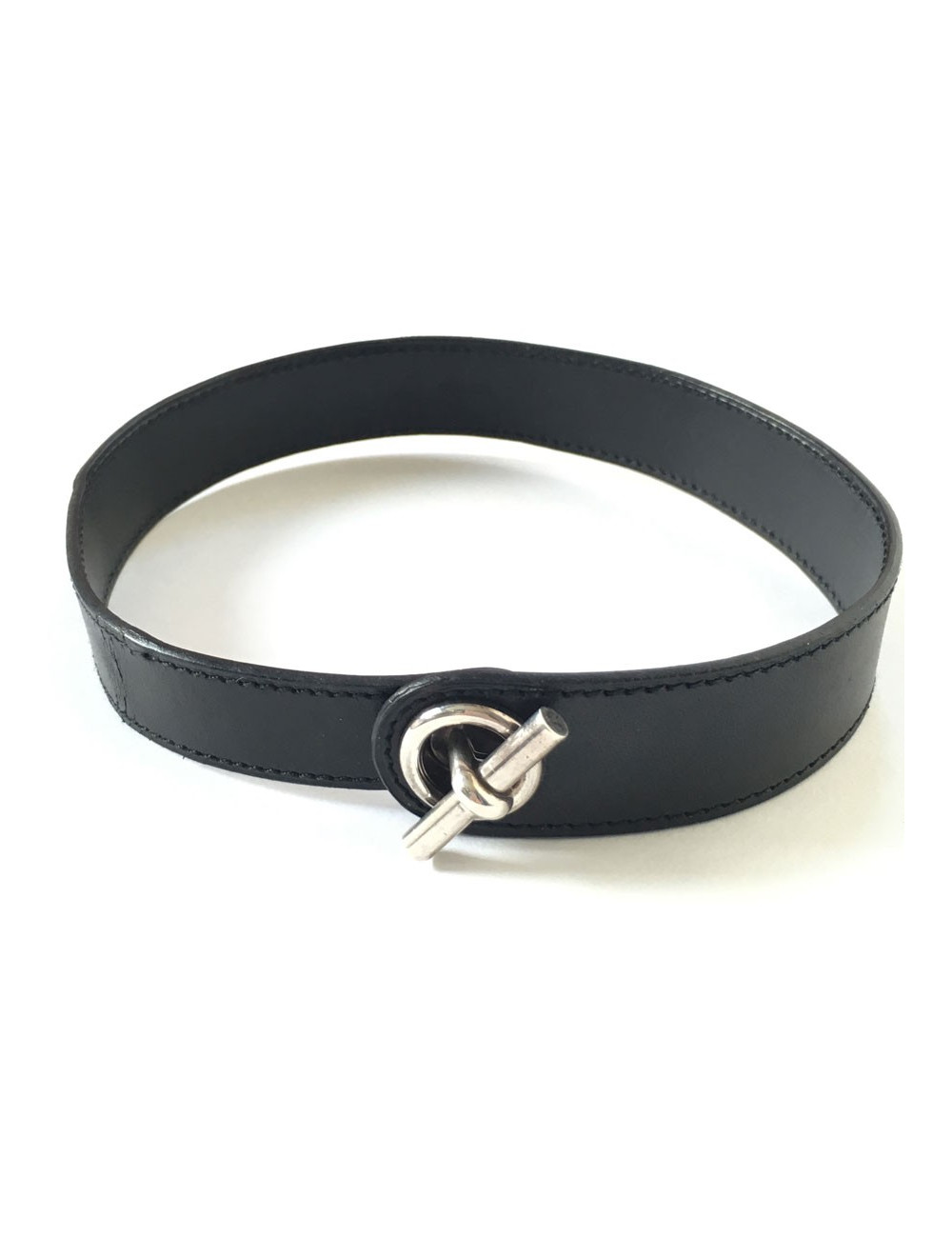 xxx Bracelet HERMES en cuir noir et boucle en argent massif