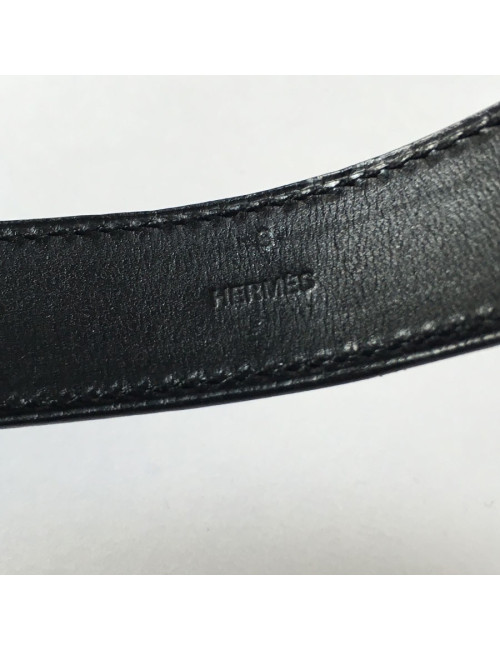 xxx Bracelet HERMES en cuir noir et boucle en argent massif