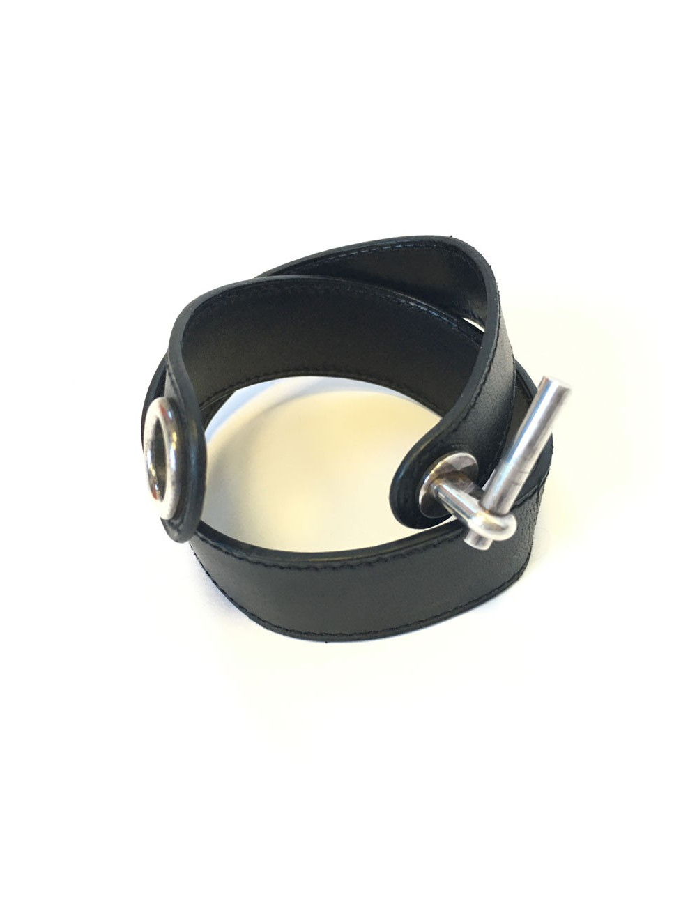 xxx Bracelet HERMES en cuir noir et boucle en argent massif