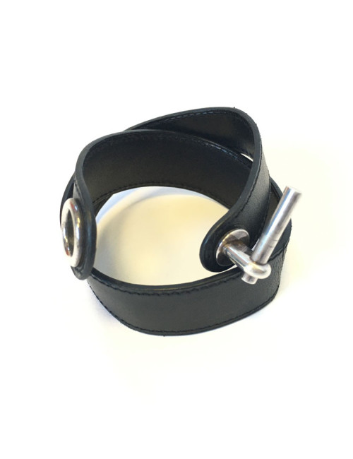 xxx Bracelet HERMES en cuir noir et boucle en argent massif