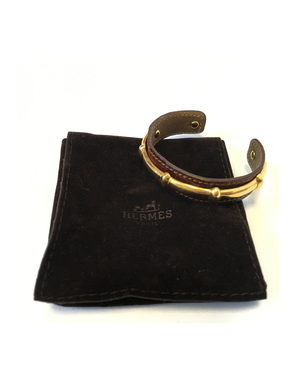 xxx Bracelet HERMES cuir marron et métal doré bambou