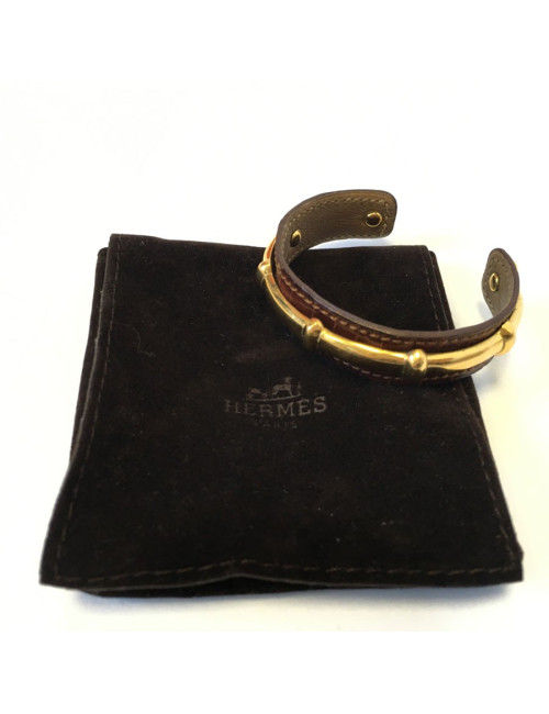 Bracelet HERMES cuir marron et métal doré bambou