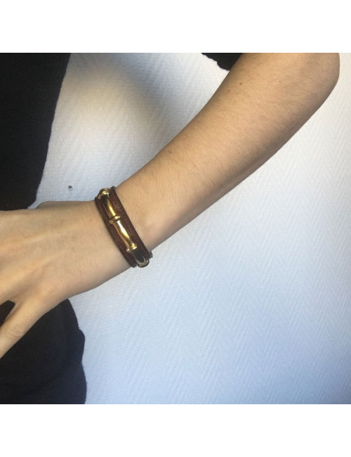xxx Bracelet HERMES cuir marron et métal doré bambou