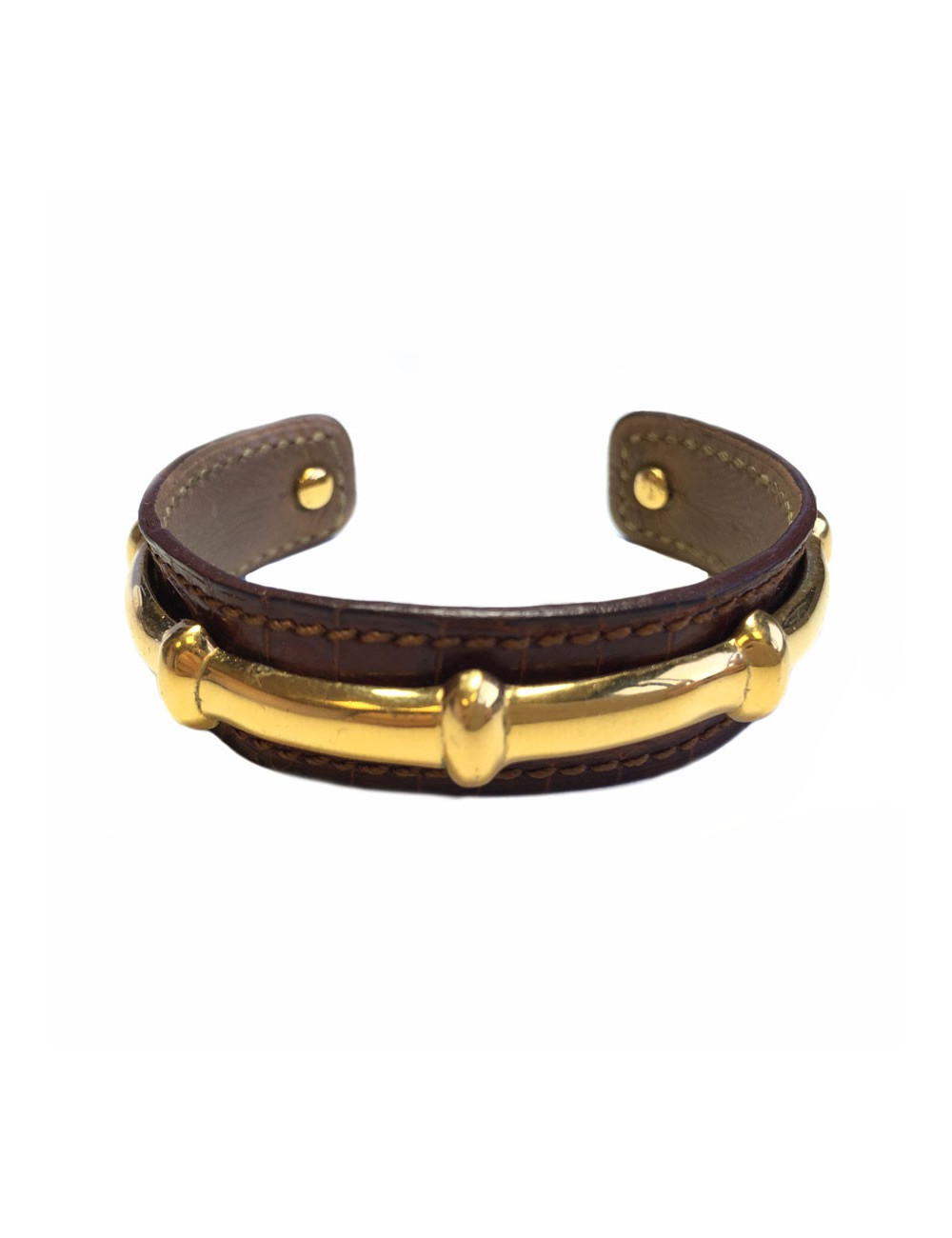 xxx Bracelet HERMES cuir marron et métal doré bambou