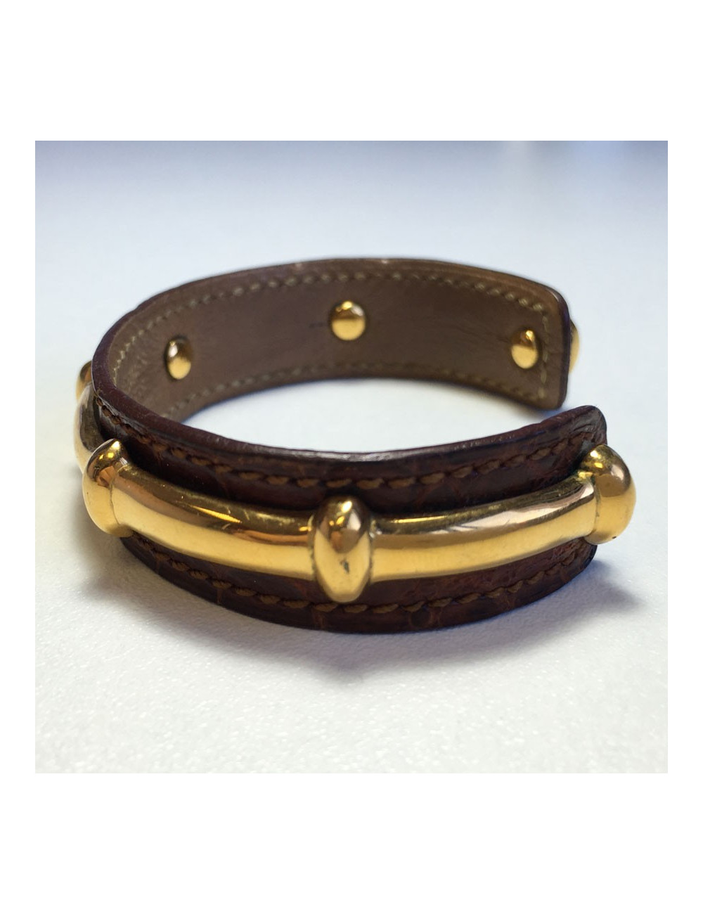 xxx Bracelet HERMES cuir marron et métal doré bambou