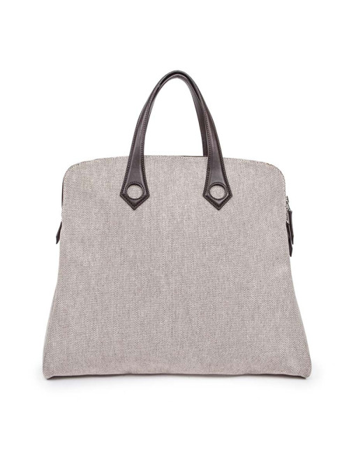 HERMES 'Heeboo' Bag in beige H fabric and brown leather