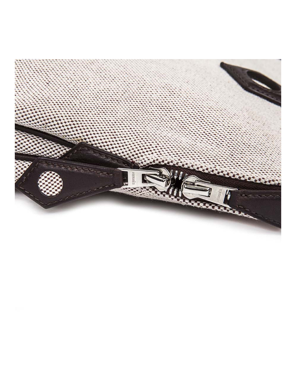 HERMES 'Heeboo' Bag in beige H fabric and brown leather