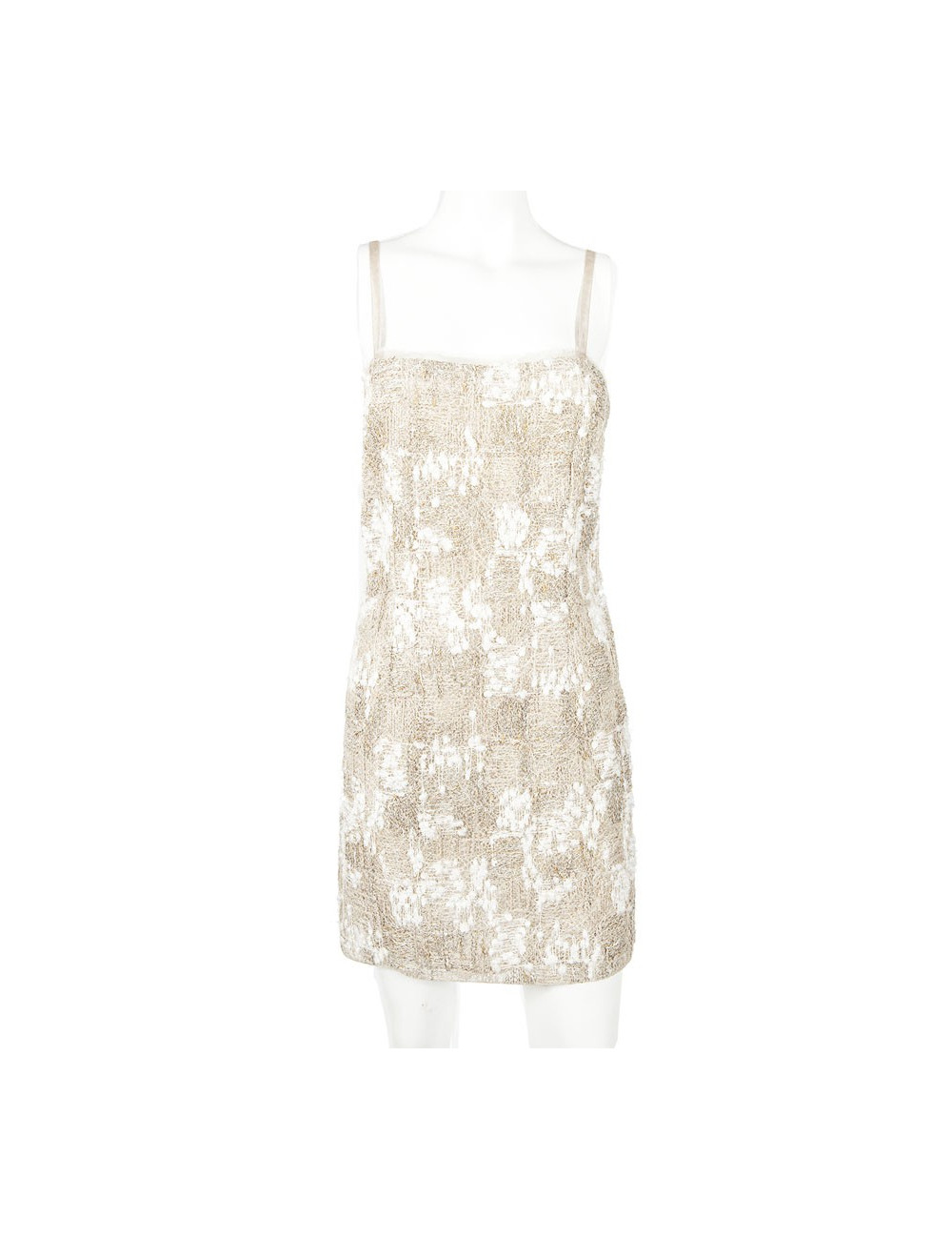 Robe CHANEL T 38 tweed beige et fils d'or et d'argent