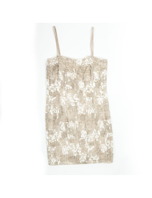 Robe CHANEL T 38 tweed beige et fils d'or et d'argent