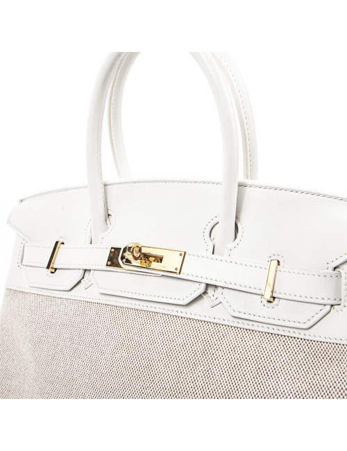 Birkin 30 HERMES toile H et cuir blanc