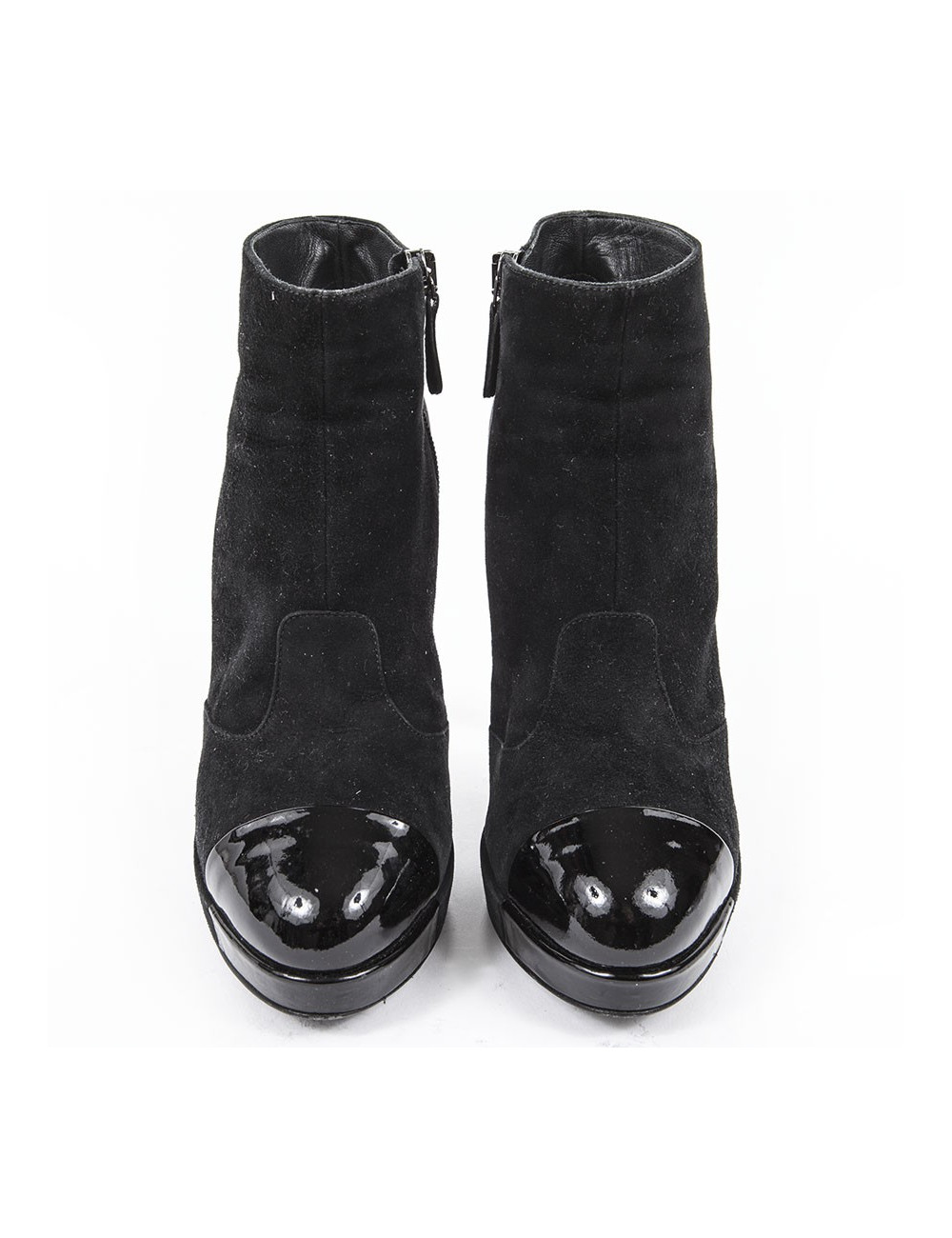 Bottines à talons CHANEL veau velours et cuir verni noir