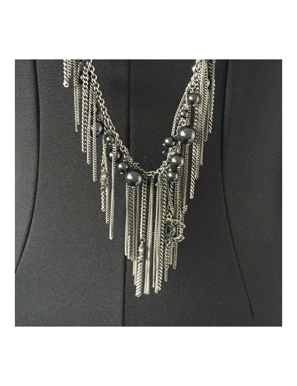 CHANEL Black Pearl Necklace and silver strings