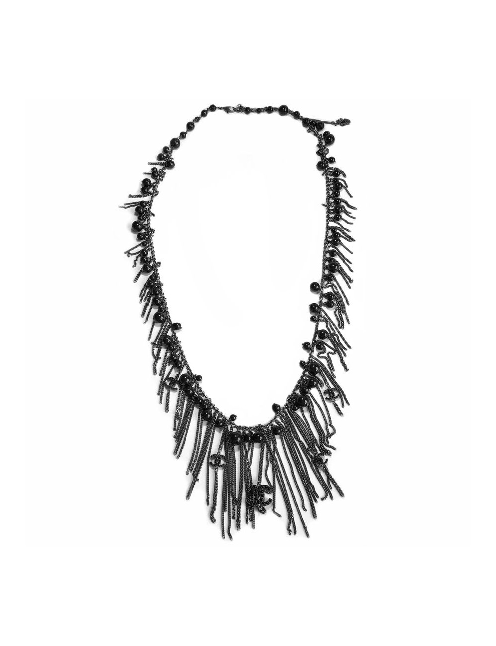 xxx Sautoir CHANEL perles noires et chaînes argentées