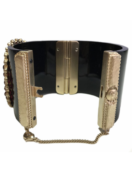 CHANEL Byzantine cuff  bracelet in black resin, gilded metal and colored molten glass 