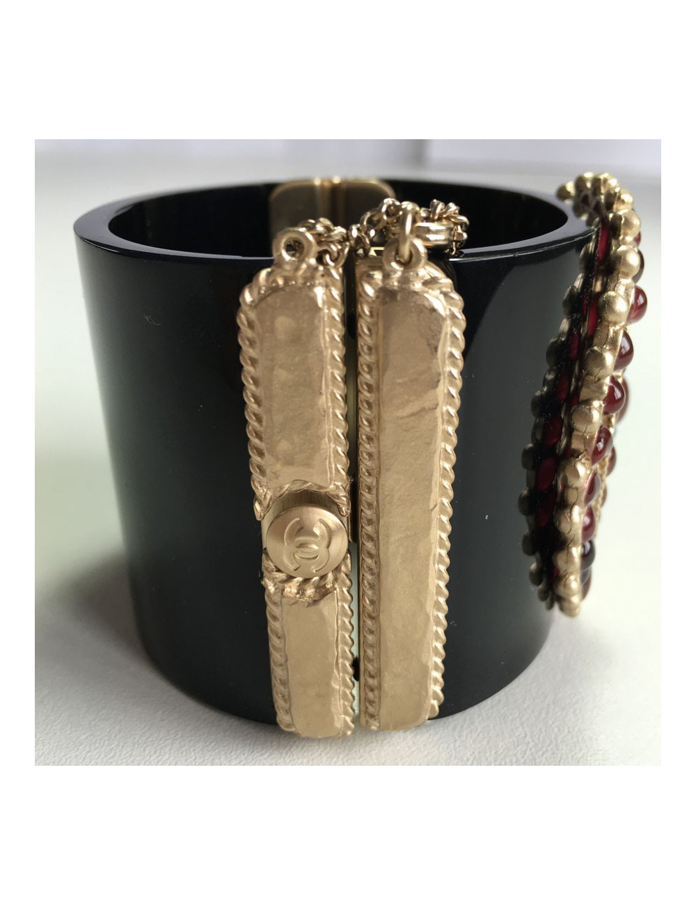 CHANEL Byzantine cuff  bracelet in black resin, gilded metal and colored molten glass 