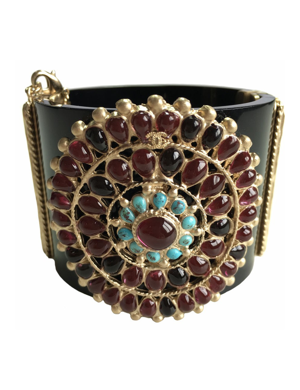 CHANEL Byzantine cuff  bracelet in black resin, gilded metal and colored molten glass 