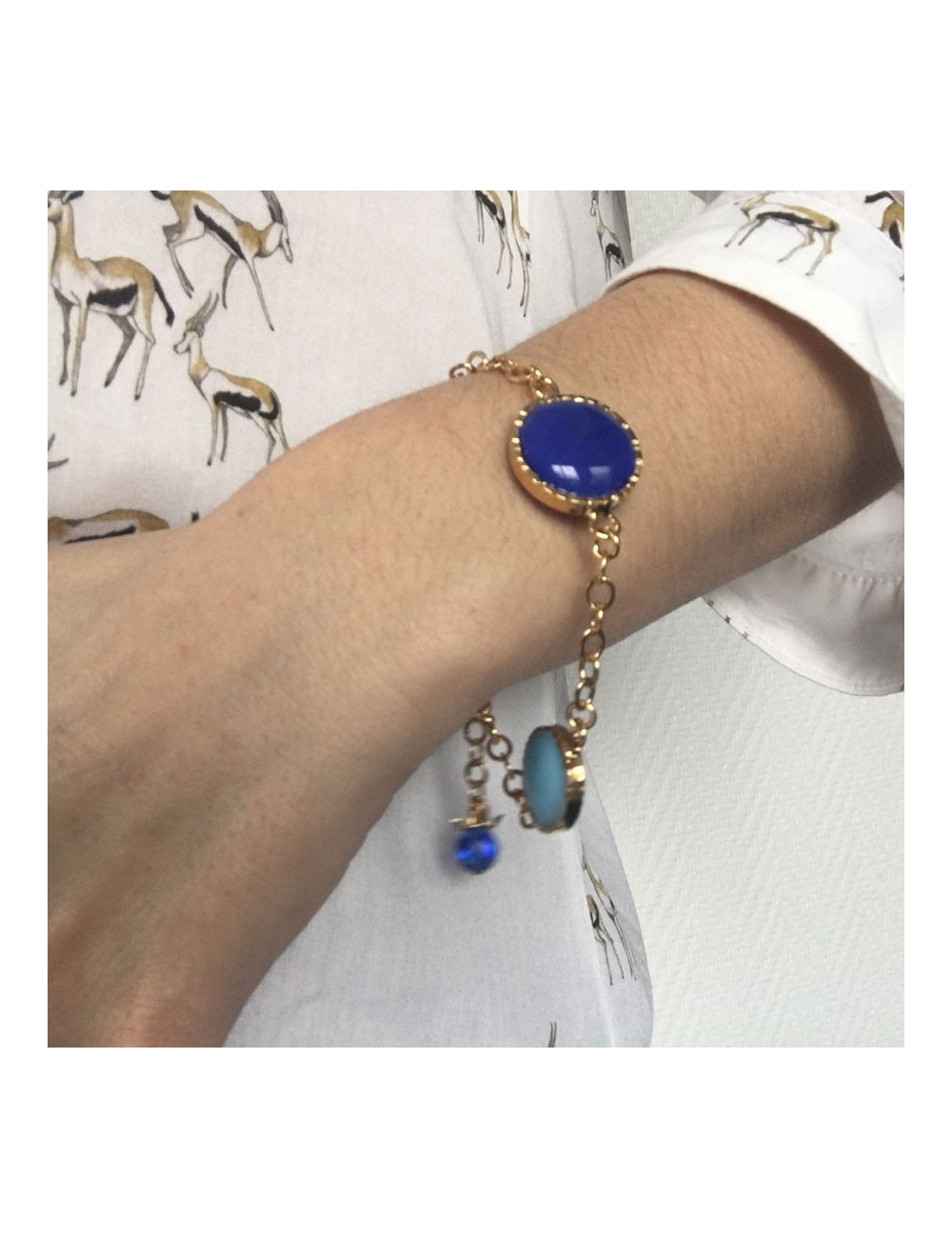Bracelet chain MARGUERITE of VALOIS in gold metal and blue glass paste