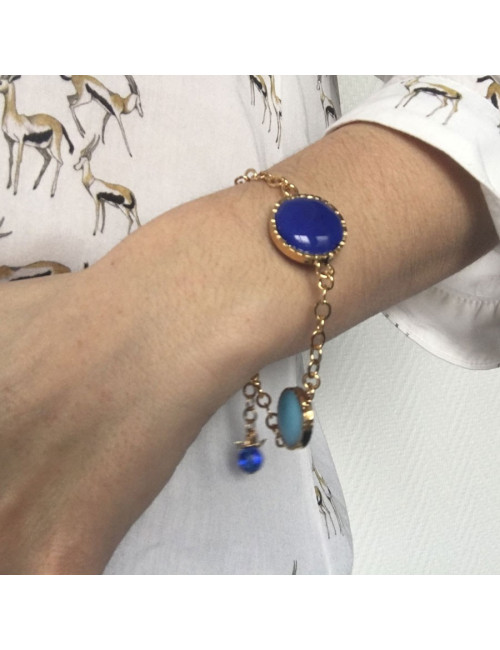 Bracelet chain MARGUERITE of VALOIS in gold metal and blue glass paste
