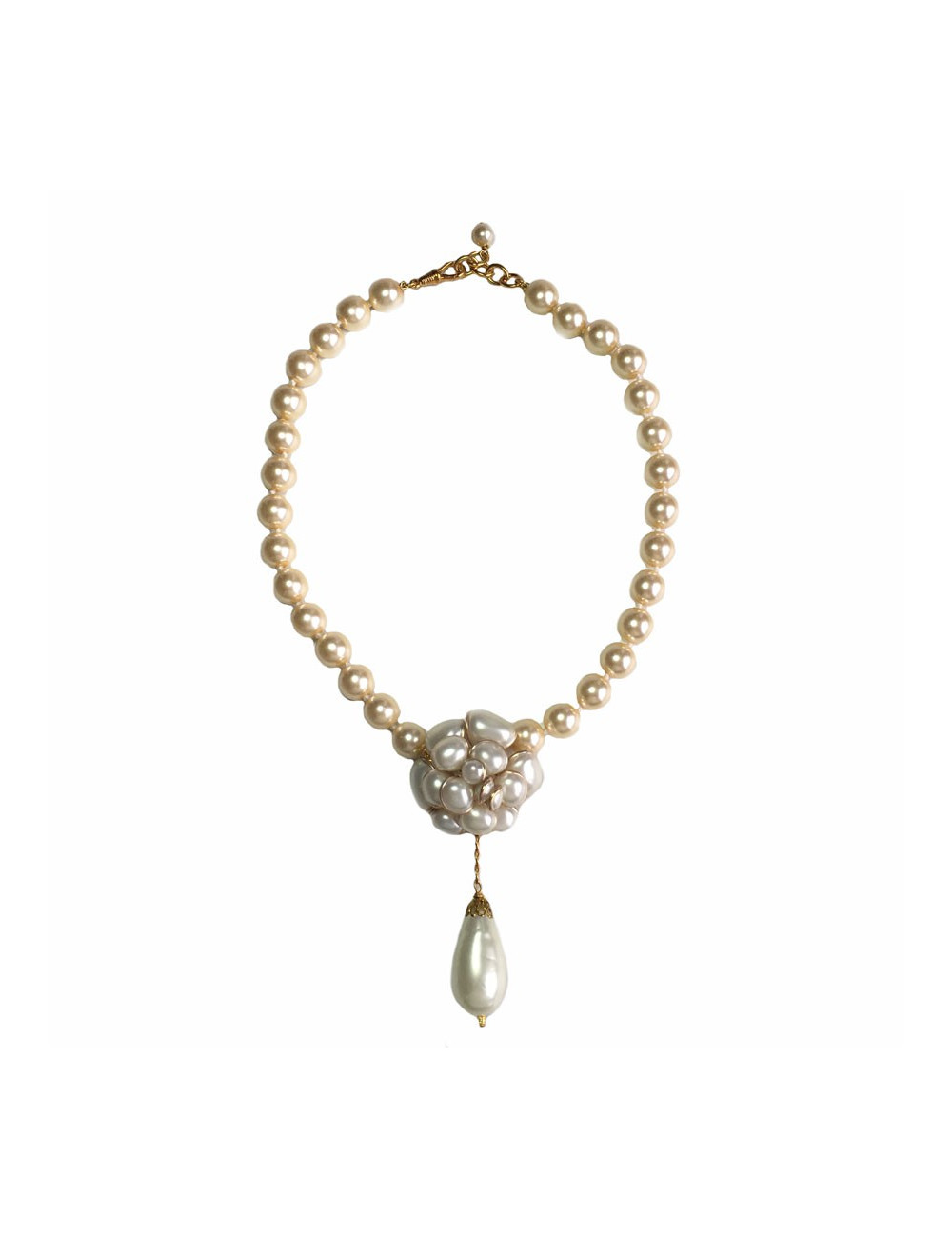 MARGUERITE of VALOIS camellia necklace in pearly beads and gold metal
