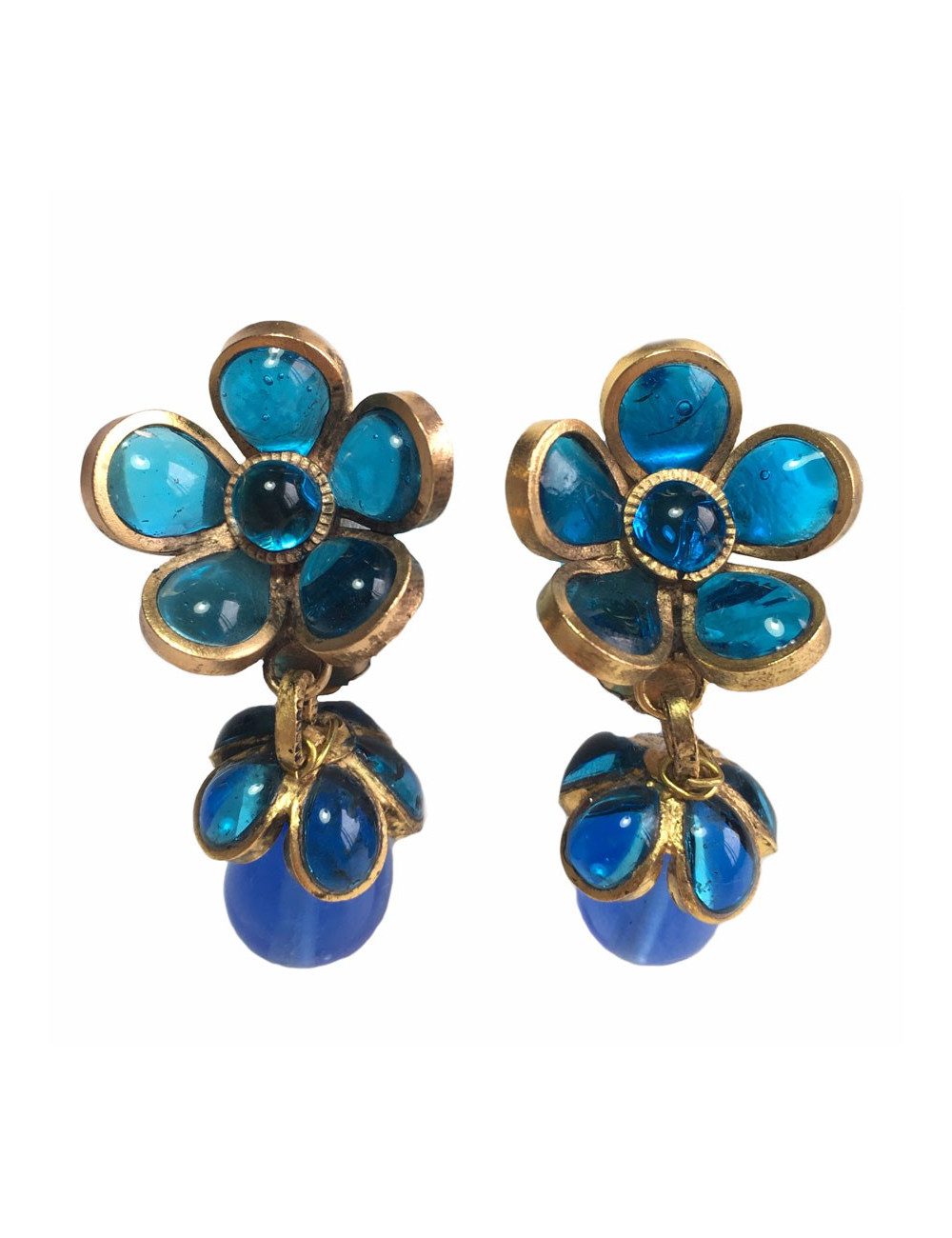 Boucles d'oreille Clips pendants MARGUERITE de VALOIS en pâte de verre bleue